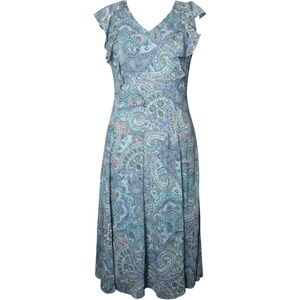 Harper Rose Midi Dress Womens 10 Blue Excellent Paisley Ruffle V-Neck Lined